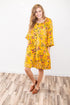 Mustard Floral Bubble Sleeve Swing Dress